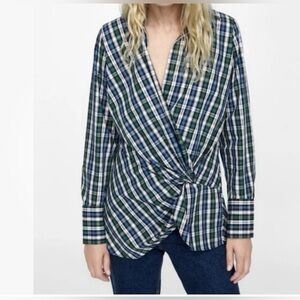 ZARA Woman Plaid Wrap Top Green Blue V-Neck Collared Tunic Blouse Long Sleeve L